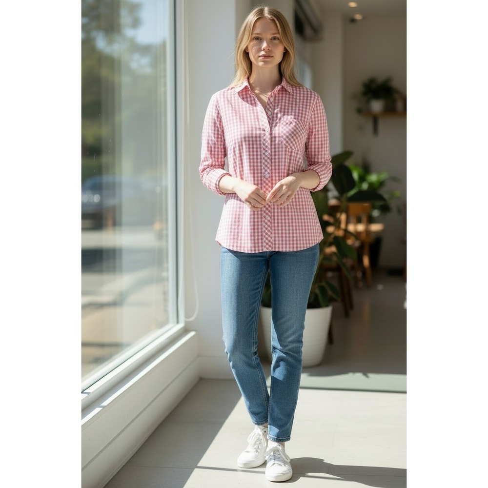 UNTUCKit Womens 2 NWT Cotton Check Pink Button-Up Shirt Lightweight Spring Girly - Picture 1 of 7